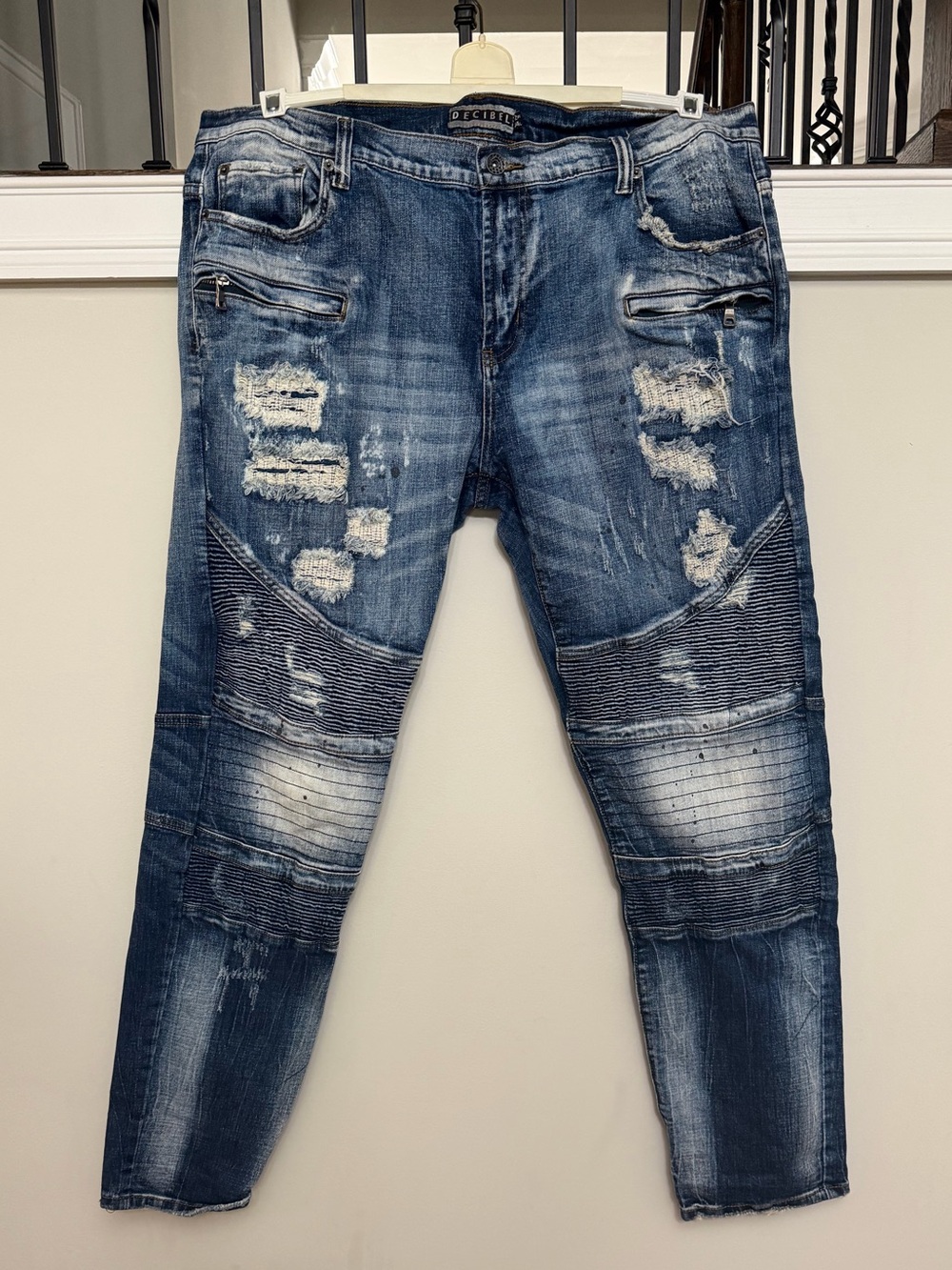 Decibel Mens Distressed Moto Jeans Denim 42W34L